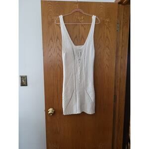Anthropologie White Knit Crochet Low Back Summer Dress  Swim Cover Up EUC Size L